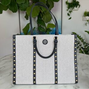 Tory Burch Blake Canvas Studs Jumbo Tote Natural Canvas and Black Leather